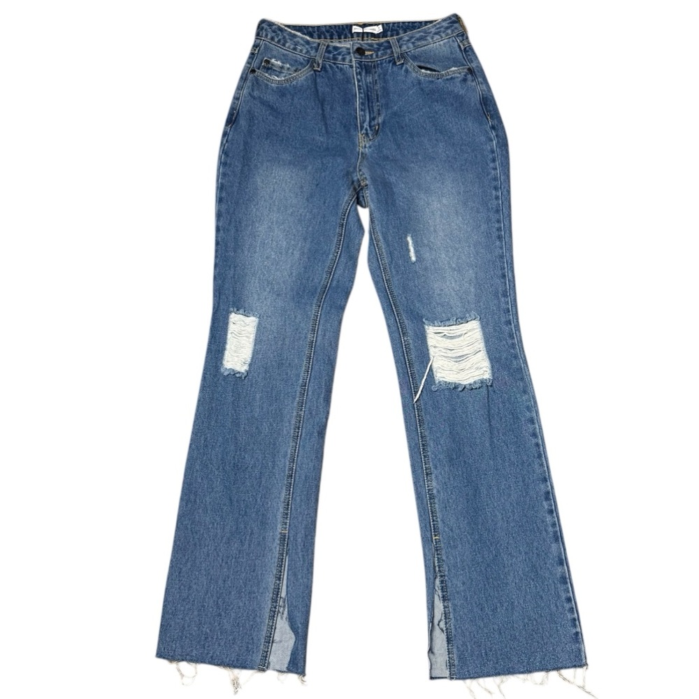 Avec Les Filles Jeans bootcut distressed NWT Ripped hem & knees Split Hem Sz 27 - Picture 3 of 11